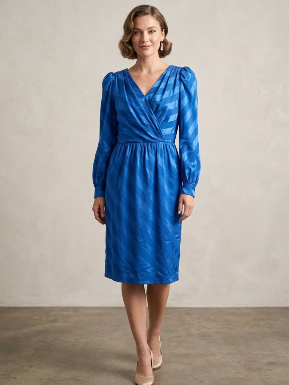 Vintage 100% Silk Royal Blue Party Dress Size 8 w/ Rhinestone Details